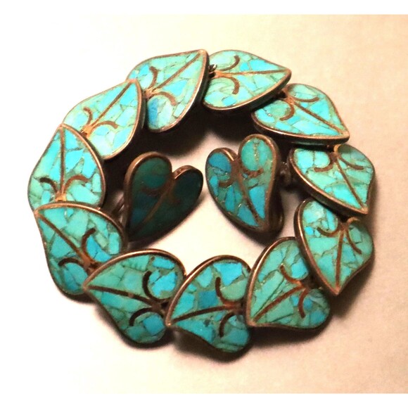 Sterling Turquoise Bracelet Earrings Set Mosaic Heart Leaves Mexican ? - Picture 5 of 16